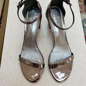 Stuart Weitzman Silver Patent Block Heel Sandals-Size 10 M